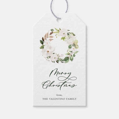 White Floral Greenery Wreath Christmas Gift Tags