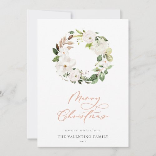 White Floral Greenery Wreath Christmas Holiday Card