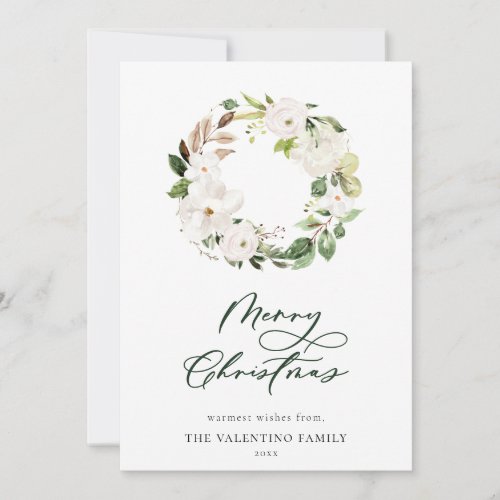 White Floral Greenery Wreath Christmas Holiday Card