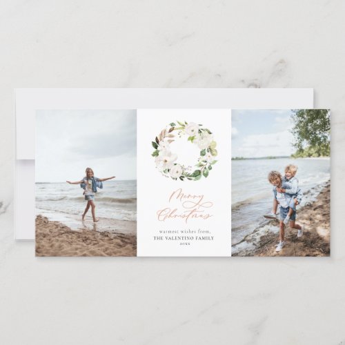 White Floral Greenery Wreath Christmas Photo Holiday Card