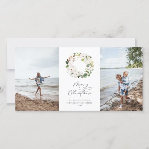 White Floral Greenery Wreath Christmas Photo Holiday Card