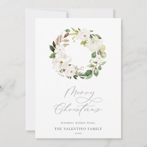 White Floral Greenery Wreath Christmas Script Holiday Card