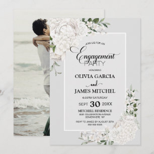 White Floral Grey Custom Photo Engagement Party Invitation
