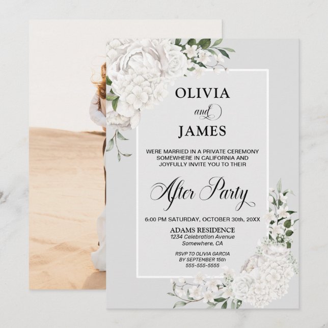 White Floral Grey Wedding After Party Invitation (Front/Back)