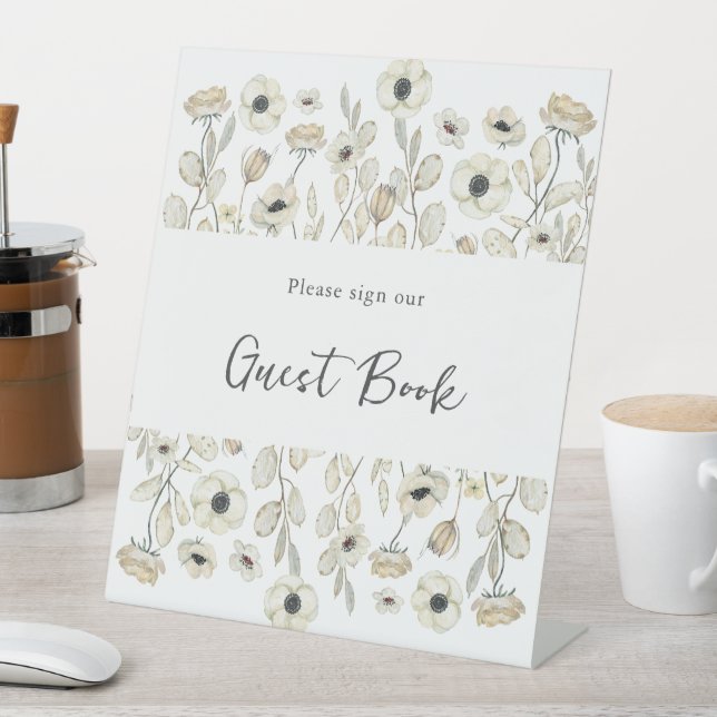 White Floral Guest Book baby shower Pedestal Sign (In SItu)