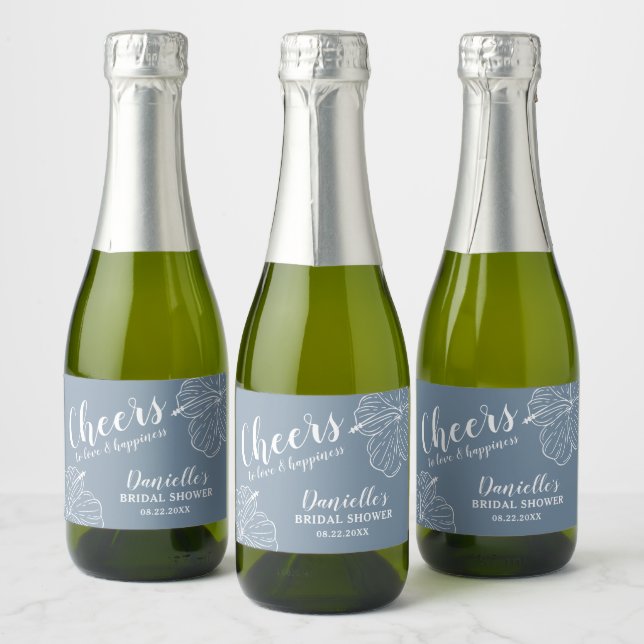 White Floral Hibiscus Mini Dusty Blue Sparkling Wine Label (Bottles)