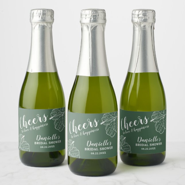White Floral Hibiscus Mini Eucalyptus Sparkling Wine Label (Bottles)