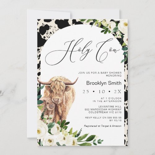 White Floral Highland Cow Baby Shower  Invitation