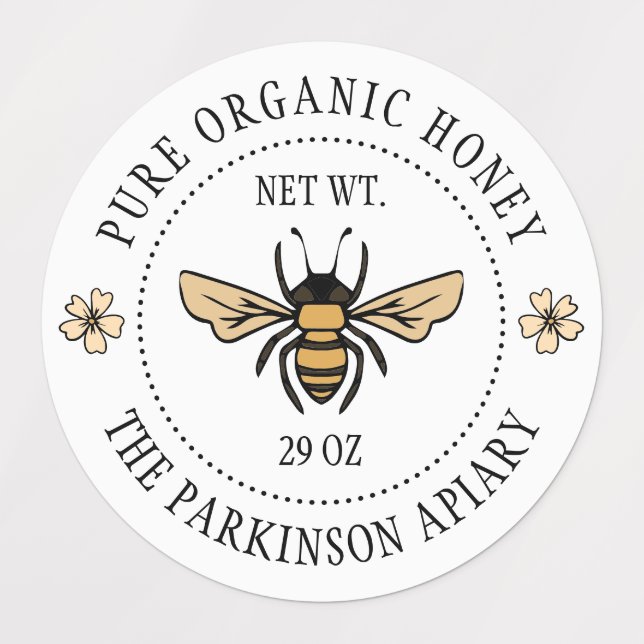White Floral Honey Bee Illustration Apiary Labels (Design 1)