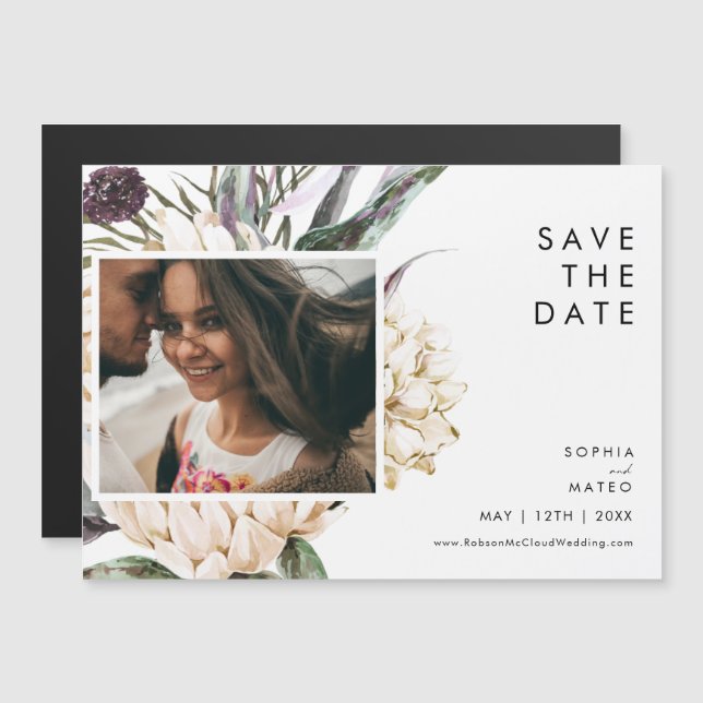 White Floral Horizontal Save The Date Magnetic Invitation (Front/Back)