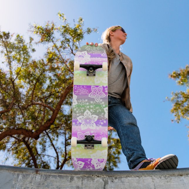 White Floral Hot Pink Purple Lime Green Stripes Skateboard (Outdoor 1)