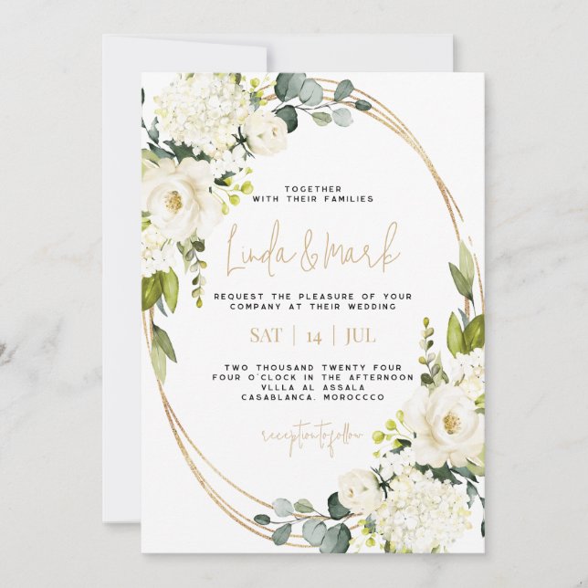White Floral Hydrangea, Greenery, Geometric Invitation (Front)