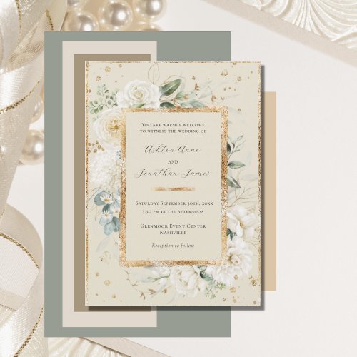 White Floral Hydrangea Roses Gold Cream Wedding Invitation