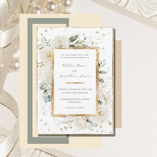 White Floral Hydrangea Roses Gold Elegant Wedding Invitation