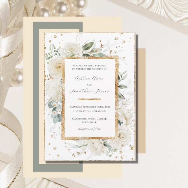 White Floral Hydrangea Roses Gold Elegant Wedding Invitation (Creator Uploaded)