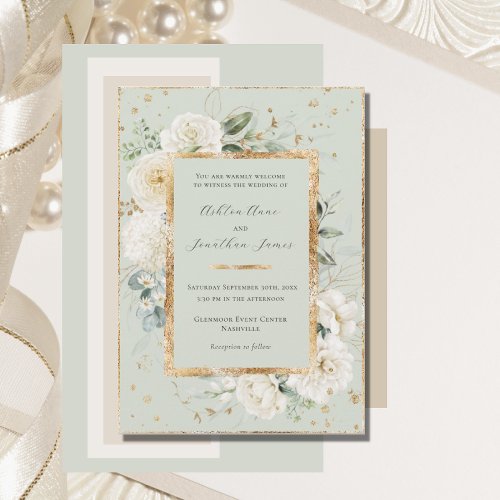 White Floral Hydrangea Roses Gold Green Wedding Invitation