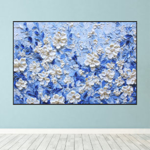 White Floral Impasto Painting with Blue Leaves Canvas Print