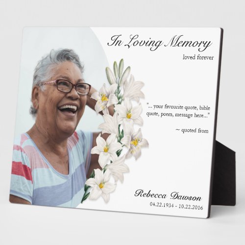 White Floral In Loving Memory Customizable Photo Plaque