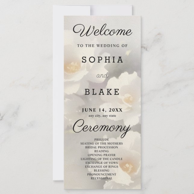 White Floral Ivory and Gray Wedding Program (Front)