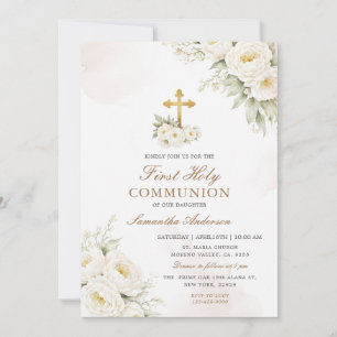 White Floral Ivory First Holy Communion Invitation