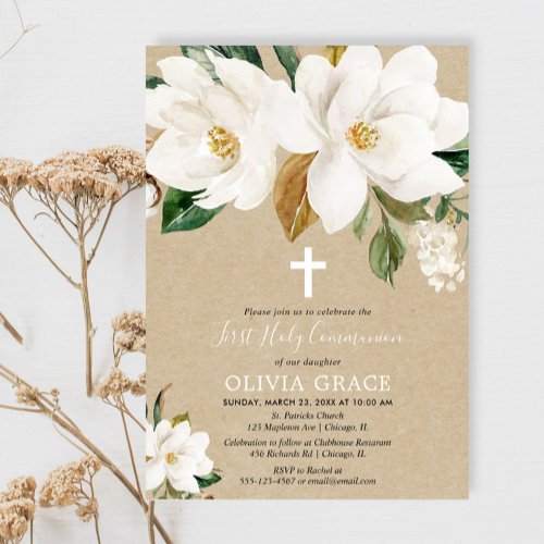 White floral kraft magnolia first holy communion invitation