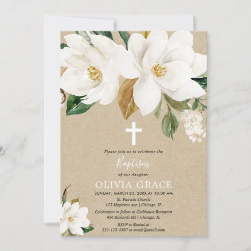 White floral kraft magnolia gender neutral baptism invitation