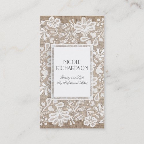 White Floral Lace and Burlap Elegant Business Card - The burlap and lace elegant rustic business card