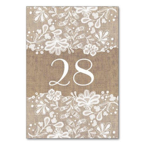 White Floral Lace and Burlap Wedding Table Number - Lace and burlap wedding table number cards