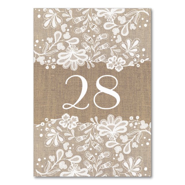 White Floral Lace and Burlap Wedding Table Number (Front)