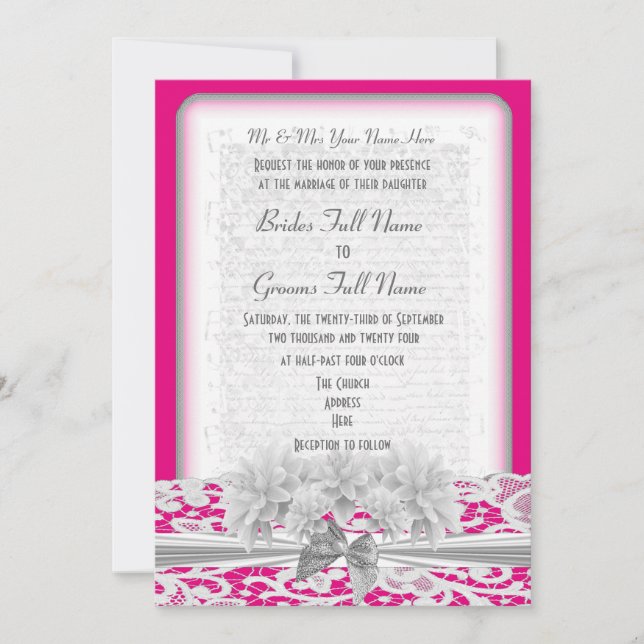 White floral lace and fuchsia pink wedding invitation (Front)