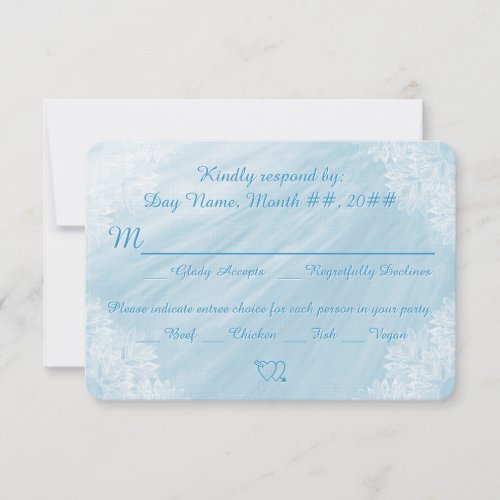 White Floral Lace and Pale Blue Satin RSVP Card