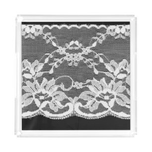 White floral lace: black background. acrylic tray