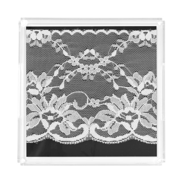 White floral lace: black background. acrylic tray (Front)