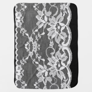 White floral lace: black background. baby blanket