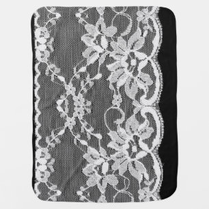 White floral lace: black background. baby blanket