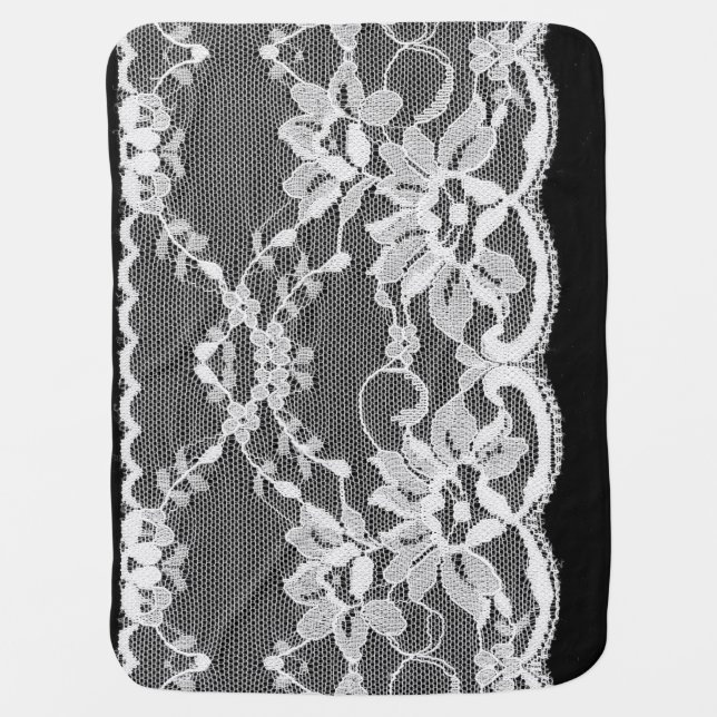 White floral lace: black background. baby blanket (Front)