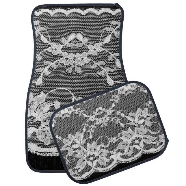 White floral lace: black background. car floor mat (Set)