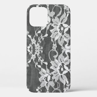 White floral lace: black background. iPhone 12 case
