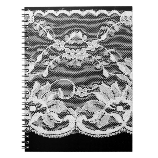 White floral lace: black background. notebook (Front)