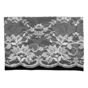 White floral lace: black background. pillow case