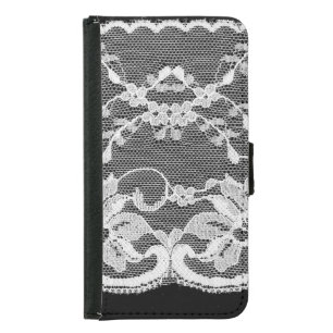 White floral lace: black background. samsung galaxy s5 wallet case