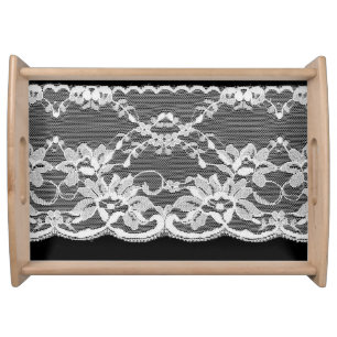 White floral lace: black background. serving tray