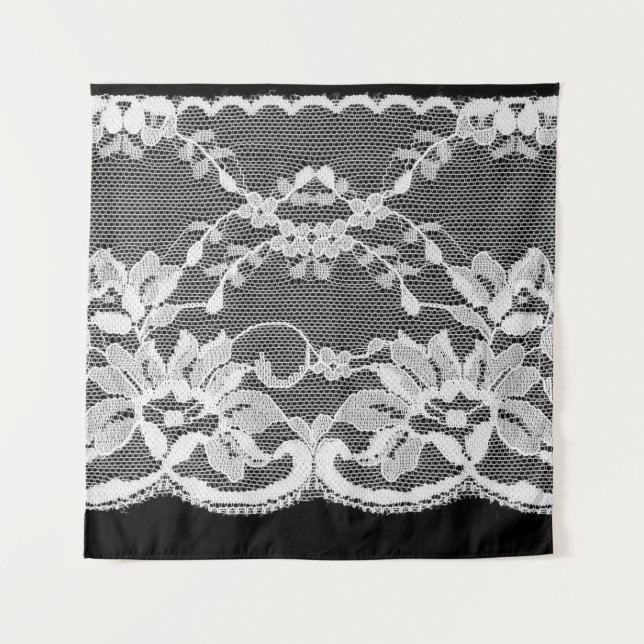 White floral lace: black background. tapestry (Front)