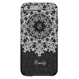 White Floral Lace Black Damasks Monogramed Tough iPhone 6 Case