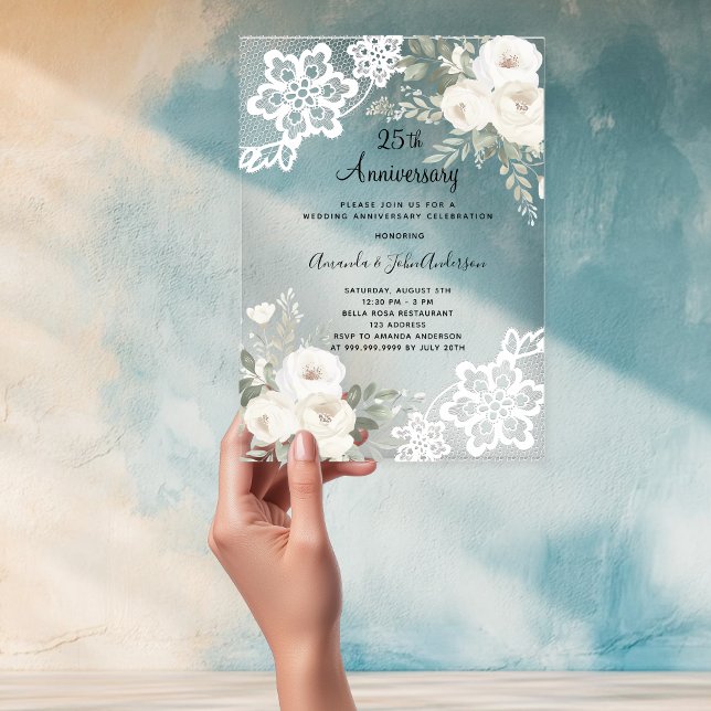 White floral lace diamond 25th wedding anniversary acrylic invitations (Creator Uploaded)