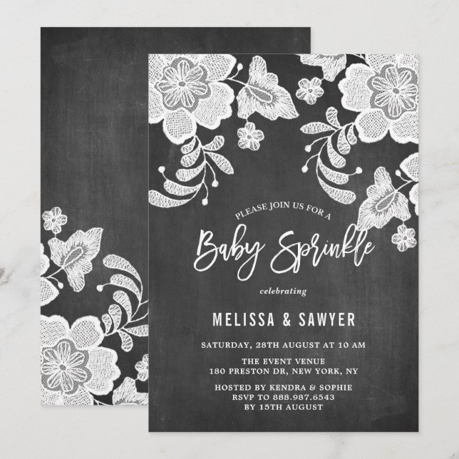 White Floral Lace Faux Chalkboard Baby Sprinkle Invitation (Front/Back)
