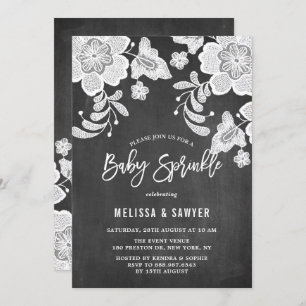 White Floral Lace Faux Chalkboard Baby Sprinkle Invitation