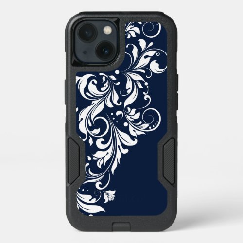 White Floral Lace Navy_Blue Background iPhone 13 Case