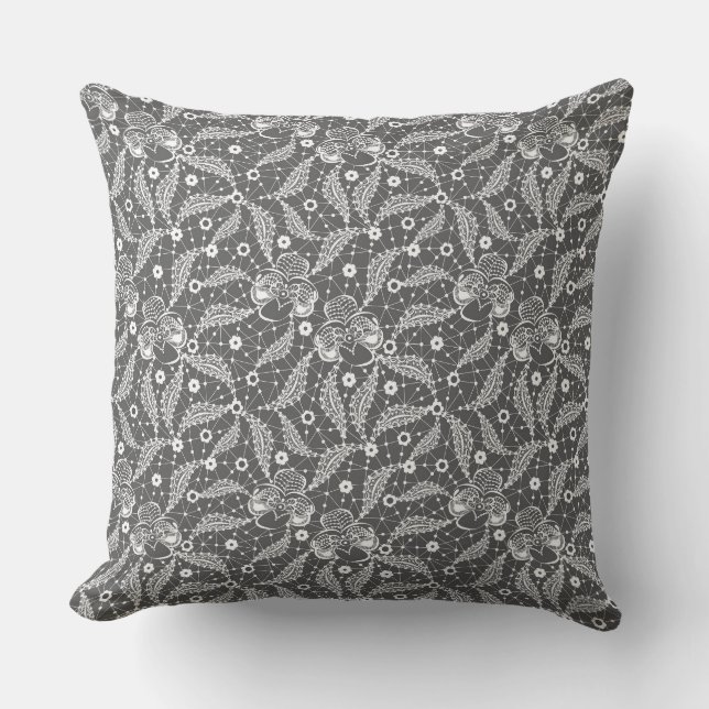 White floral lace on a gray background  throw pillow (Front)