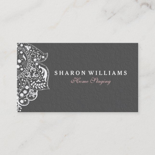 White Floral Lace On Gray Floral Damasks Business Card (Front)